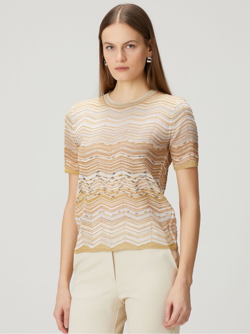 Missoni metallic sequin embellished crewneck t shirt in light gold tones